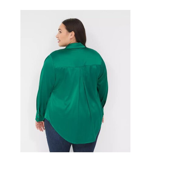 LANE BRYANT NWT Women's Size 16 Green Long-Sleeve Button-Down Satin Shirt Shiny - Picture 2 of 9